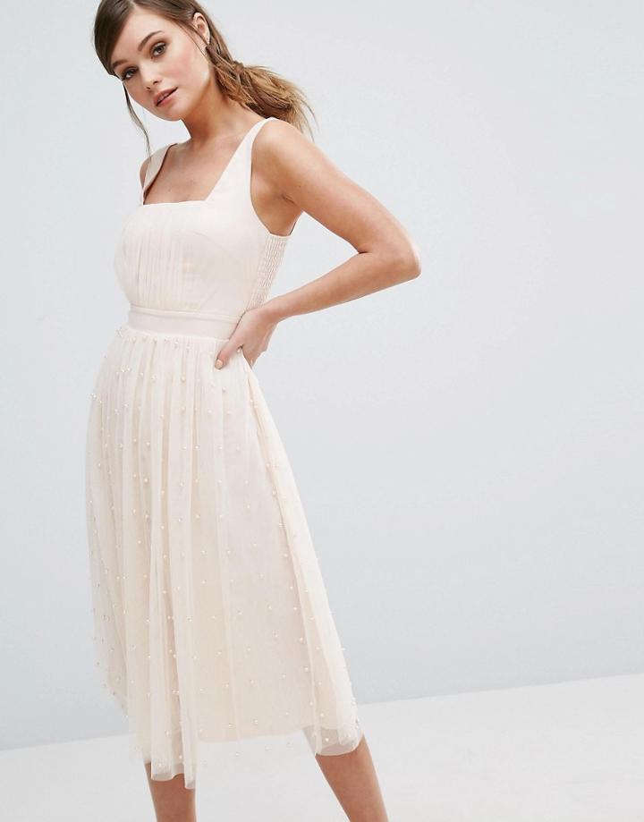 Little Mistress Midi Dress With Tulle Skirt With Pearl Embellishment - Pink