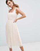 Little Mistress Midi Dress With Tulle Skirt With Pearl Embellishment - Pink