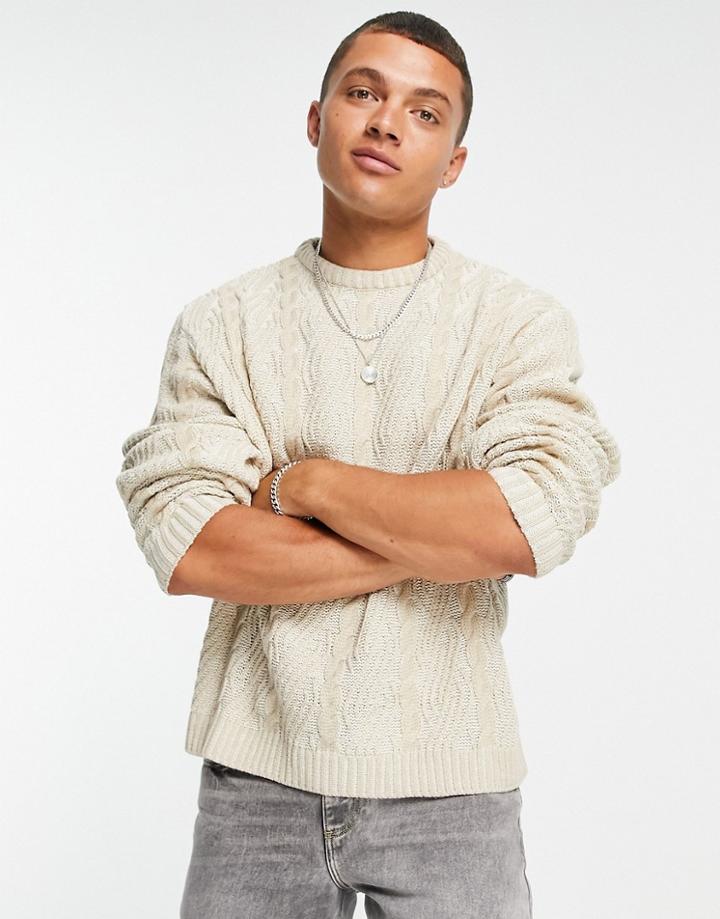 Asos Design Oversized Plated Cable Knit Sweater In Oatmeal-neutral