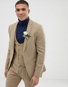 Asos Design Wedding Skinny Suit Jacket In Stone Micro Check - Stone