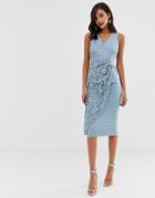 Little Mistress Wrap Pencil Midi Dress With Lace Detail-blue