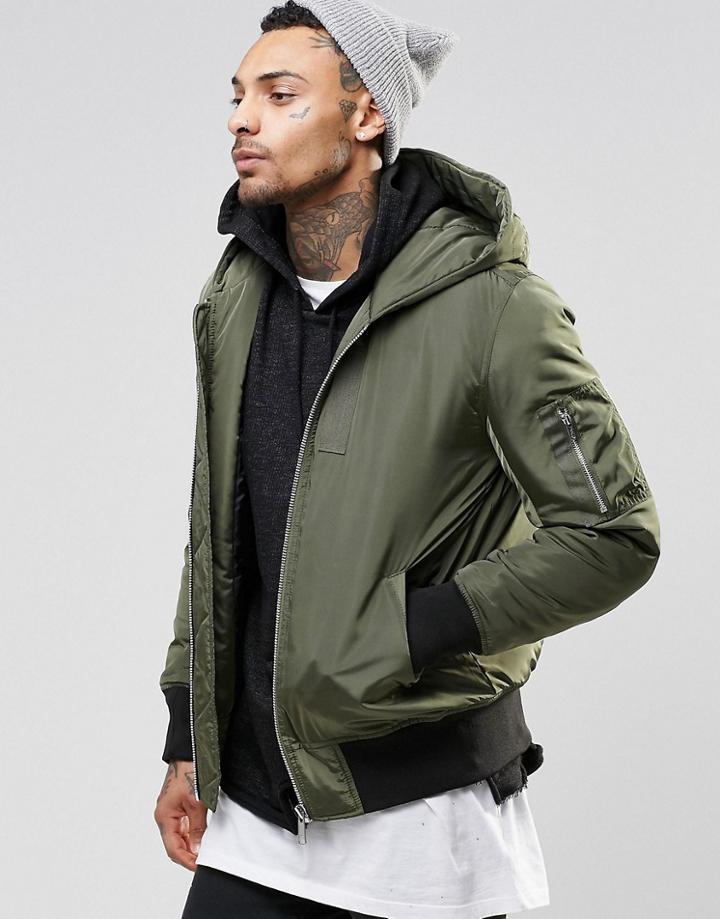 Asos Hooded Bomber Jacket With Ma1 Pocket In Khaki - Green