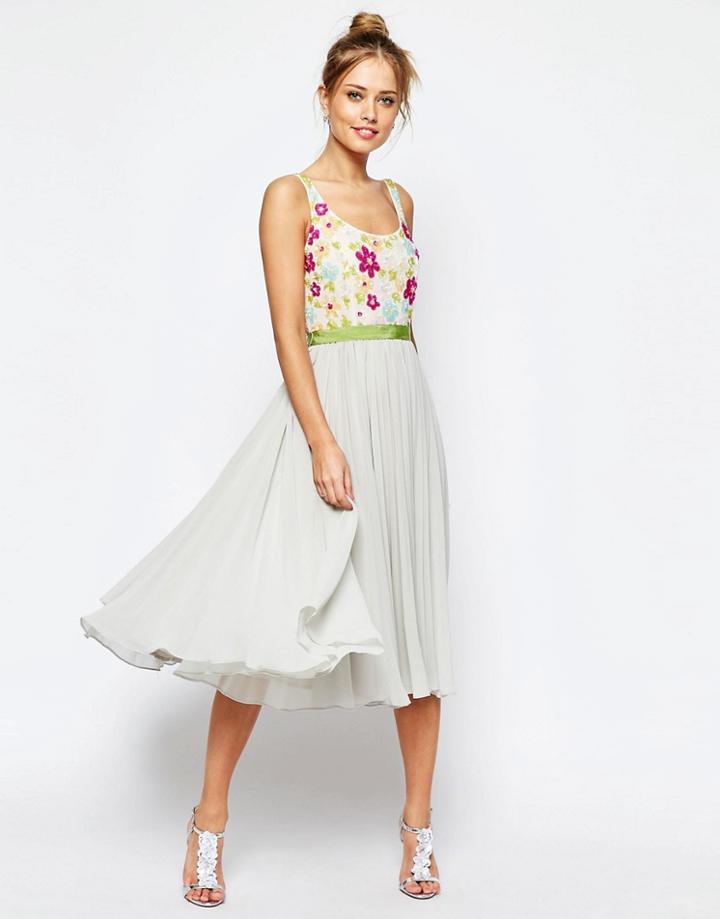 Asos Salon Embellished Floral Bodice Midi Skater Dress With Green Grosgrain - Gray