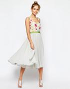 Asos Salon Embellished Floral Bodice Midi Skater Dress With Green Grosgrain - Gray