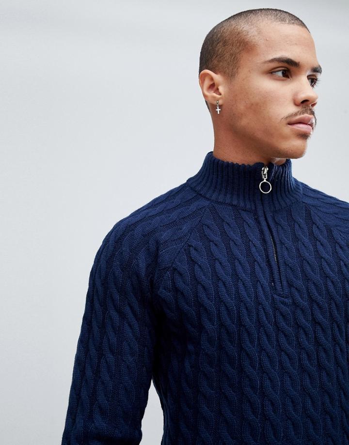 Bellfield Cable Sweater With Half Zip In Navy Marl - Navy