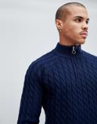 Bellfield Cable Sweater With Half Zip In Navy Marl - Navy