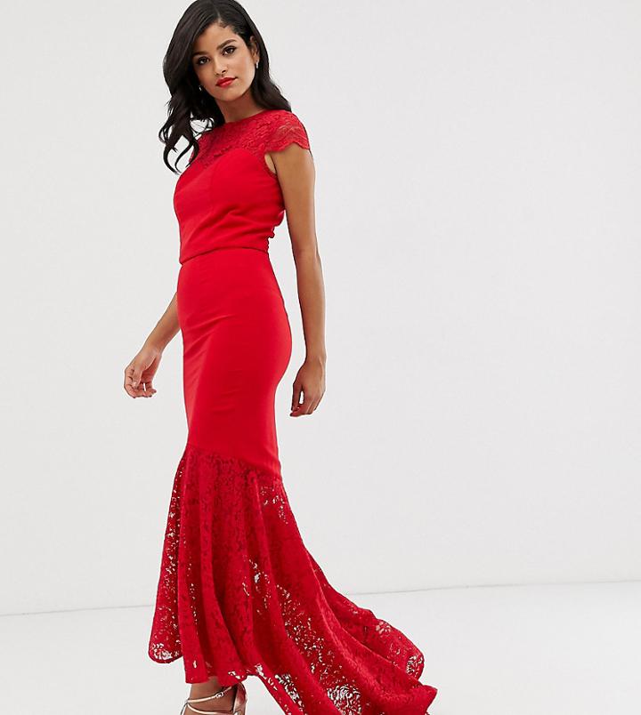 Chi Chi London Tall Fitted Pencil Skirt Two-piece With Lace Hem In Red - Red