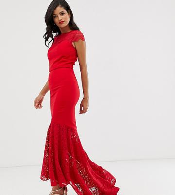 Chi Chi London Tall Fitted Pencil Skirt Two-piece With Lace Hem In Red - Red