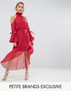 True Decadence Petite Premium Cold Shoulder Wrap Front Midi Dress With Fluted Sleeve Detail - Pink