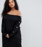 Asos Design Curve Off Shoulder Sweat Dress With Faux Horn Button Sleeve - Black