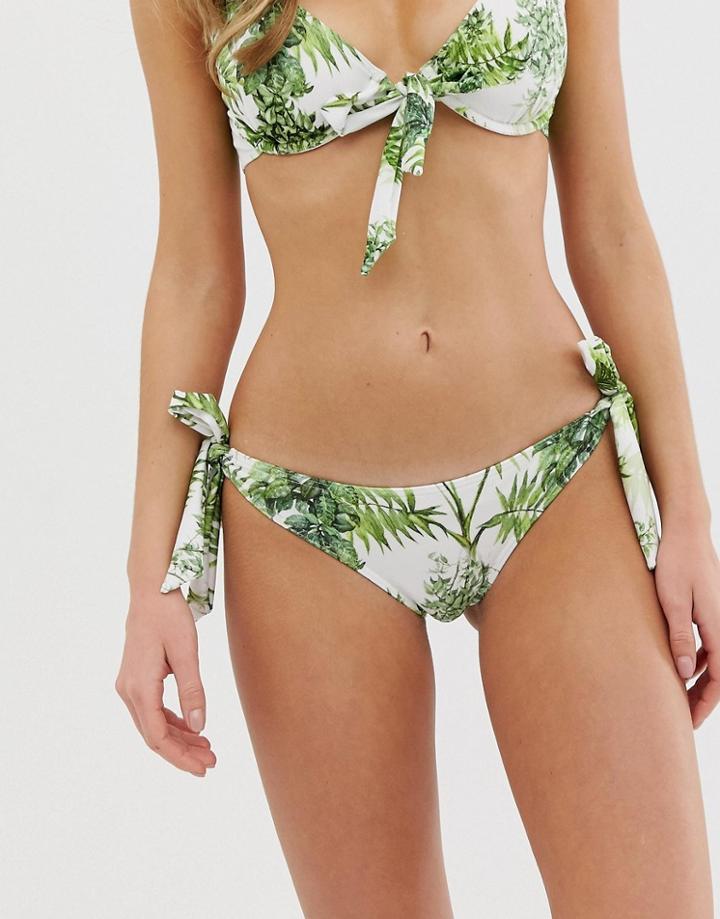 Asos Design Tie Side Bikini Bottom In Textured Palm Print - Multi