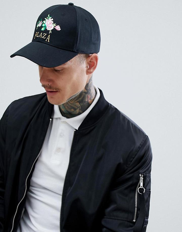 Asos Design Baseball Cap In Black With Floral Plaza Embroidery - Black