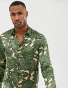 Asos Design Regular Fit Satin Floral Shirt In Khaki - Green