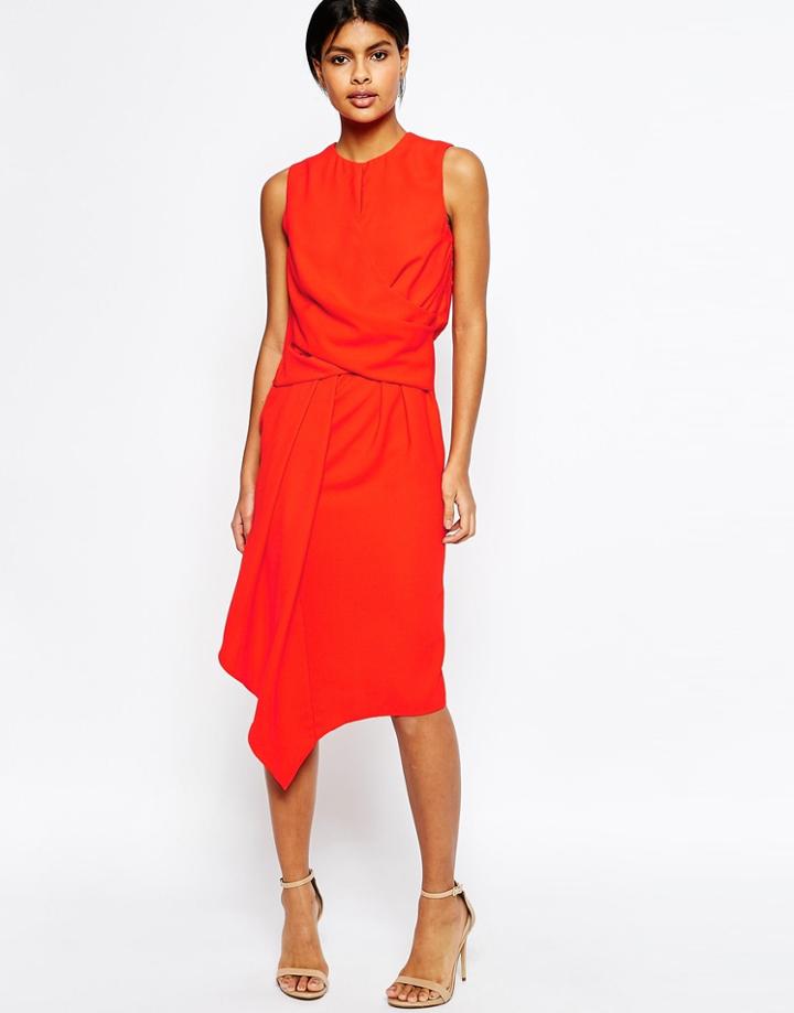Asos Drape Front Asymmetric Hem Midi Pencil Dress - Nude