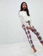 Asos Design Cigarette Pants In Cropped Length In Red Check - Multi