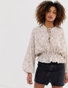 Asos Design Long Sleeve Puff Sleeve Top With Lace Up Detail In Paisley Print - Multi