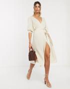 Asos Design Wrap Midi Dress In Rib Knit With Volume Sleeve - White