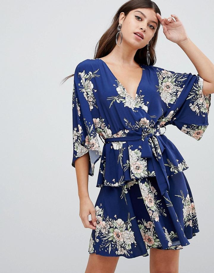 Prettylittlething Kimono Sleeve Tiered Wrap Dress In Floral - Navy