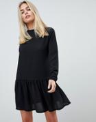 Prettylittlething Long Sleeve Frill Hem Shift Dress In Black - Black