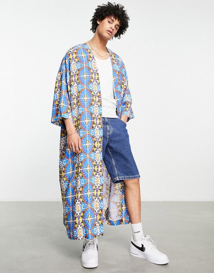 Asos Design Longline Kimono In Tile Print-blue