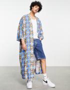 Asos Design Longline Kimono In Tile Print-blue