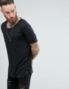 Asos Design Relaxed Longline T-shirt With Raw Scoop Neck And Curve Hem In Linen Mix In Black - Black