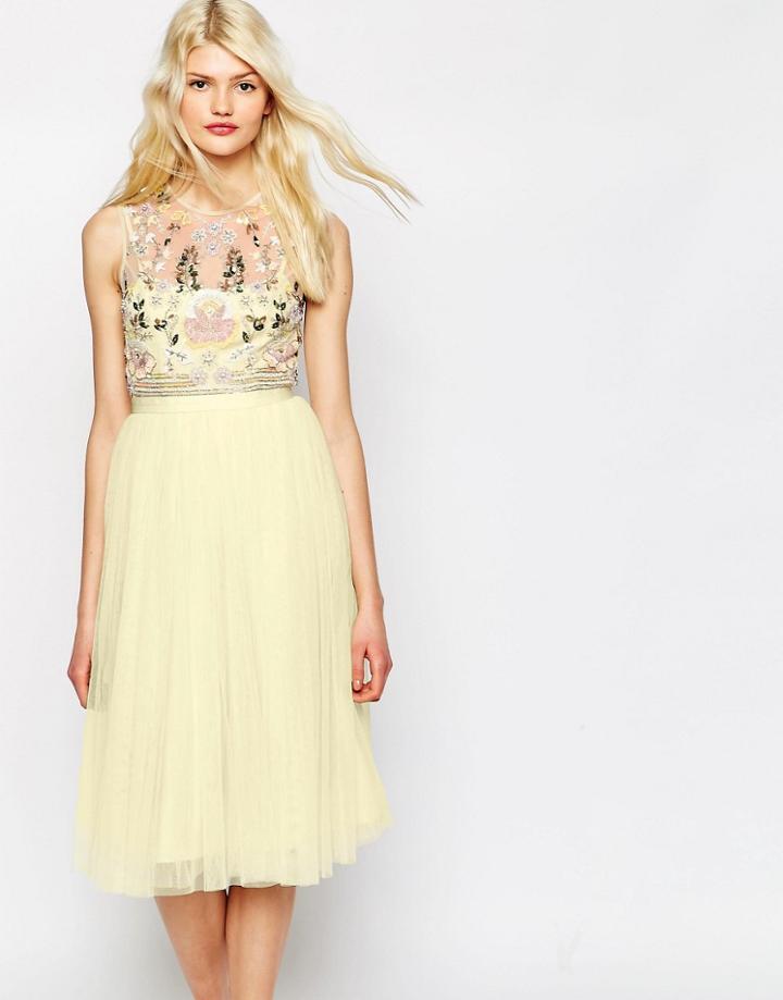 Needle & Thread Foliage Cluster Tulle Dress - Lemon