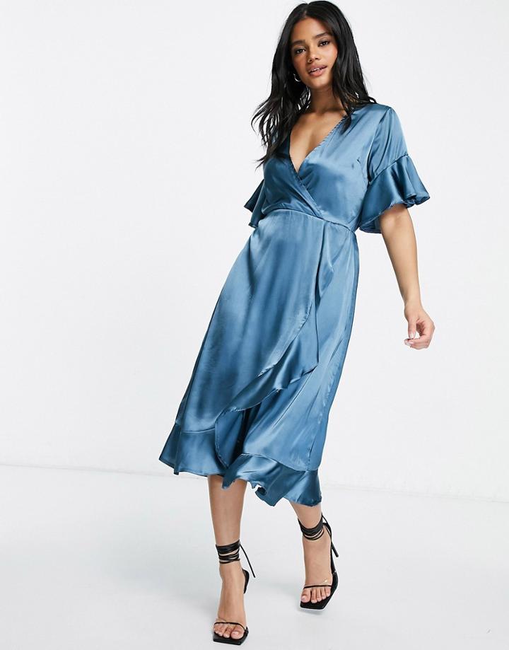 Ax Paris Bridesmaid Satin Ruffle Midi Dress In Blue-blues