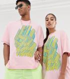 Collusion Unisex Printed T-shirt In Pink - Green