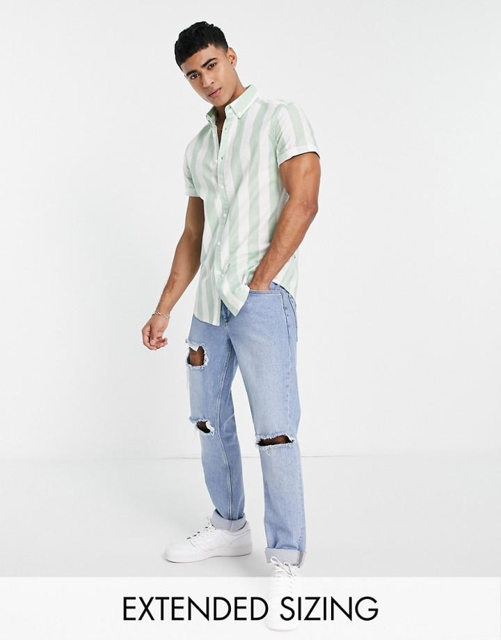 Asos Design Stretch Slim Oxford Stripe Shirt In Sage Green