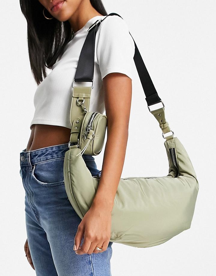 Topshop Recycled Polyester Sling Crossbody Bag With Pouch In Khaki-green