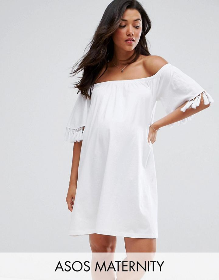 Asos Maternity Off Shoulder Sundress With Tassel Detail - White