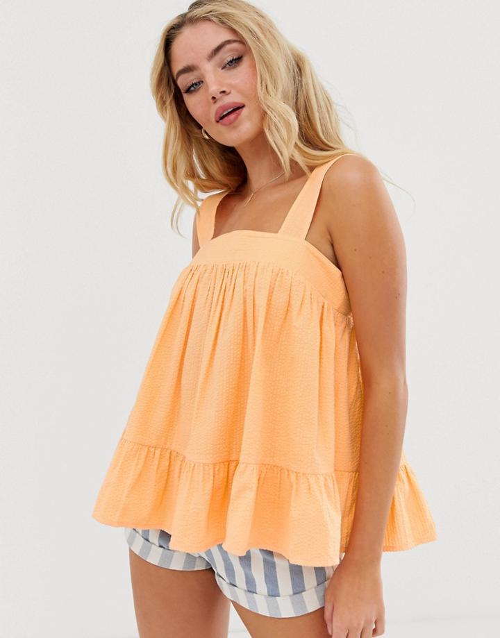 Asos Design Square Neck Cami In Seersucker Sun Top-orange