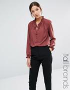 Y.a.s Tall High Neck Button Up Victoriana Blouse - Brick Red