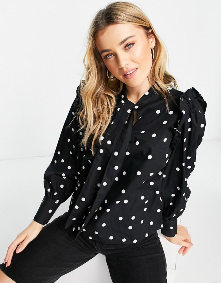 New Look Pussybow Blouse In Black Polka Dot