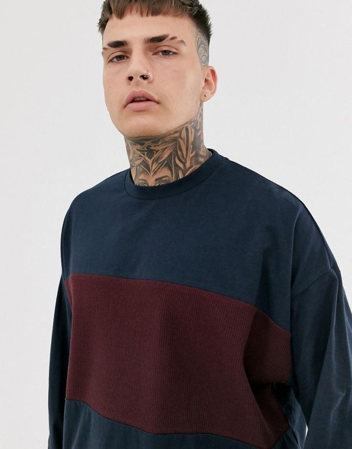 Asos Design Oversized Longline Long Sleeve T-shirt With Waffle Body Panel In Navy - Navy