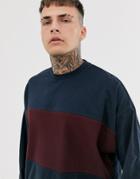 Asos Design Oversized Longline Long Sleeve T-shirt With Waffle Body Panel In Navy - Navy