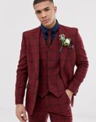 Asos Design Wedding Skinny Suit Jacket In Burgundy Wool Mix Check-red