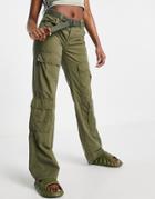 Bershka Double Pocket Low Belted Cargo Pants In Khaki-green