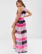 Asos Design Maxi Beach Dress With Lattice Side In Tie Dye Print - Multi