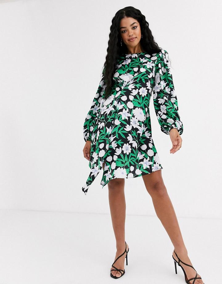 Liquorish Balloon Sleeve Mini Dress With Drape Detail In Print-multi