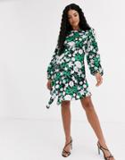 Liquorish Balloon Sleeve Mini Dress With Drape Detail In Print-multi
