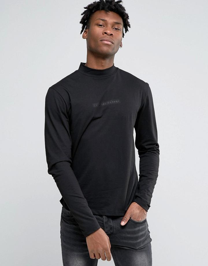 Criminal Damage Long Sleeve T-shirt With Turtleneck - Black