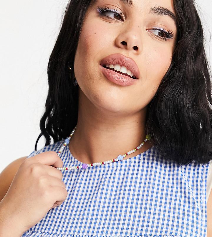 Asos Design Curve Beaded Necklace With Daisies And Pearl-multi