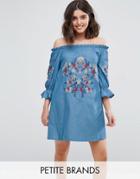 Parisian Petite Off Shoulder Embroidered Denim Dress - Blue