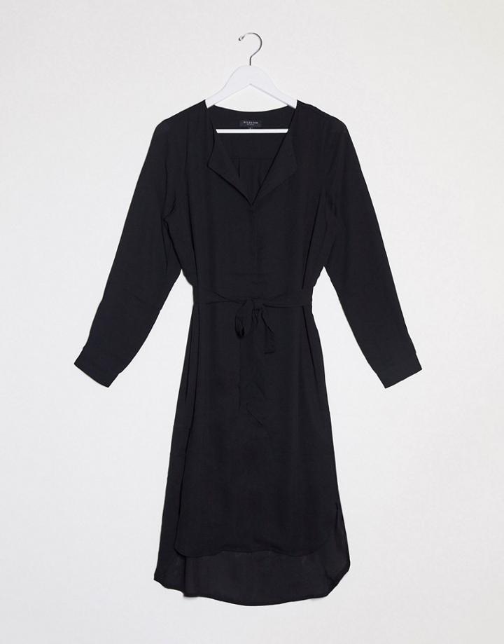 Selected Nella Long Sleeve Tie Waist Shirt Dress In Black