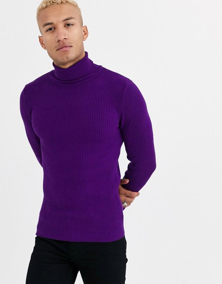 Asos Design Muscle Fit Ribbed Roll Neck Sweater In Purple