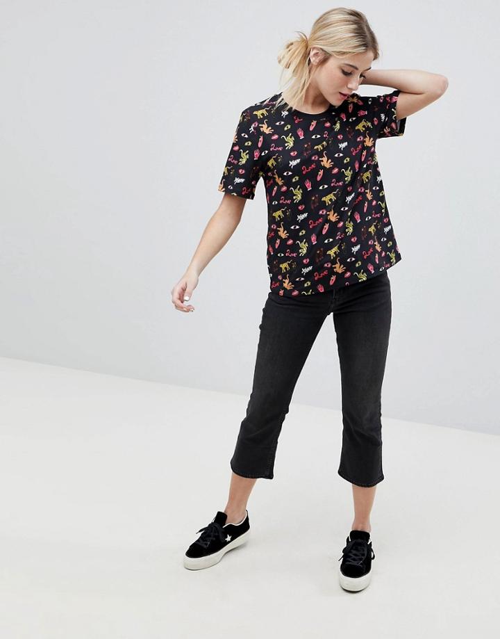 Monki Love Eyes Tiger Print Tee - Black