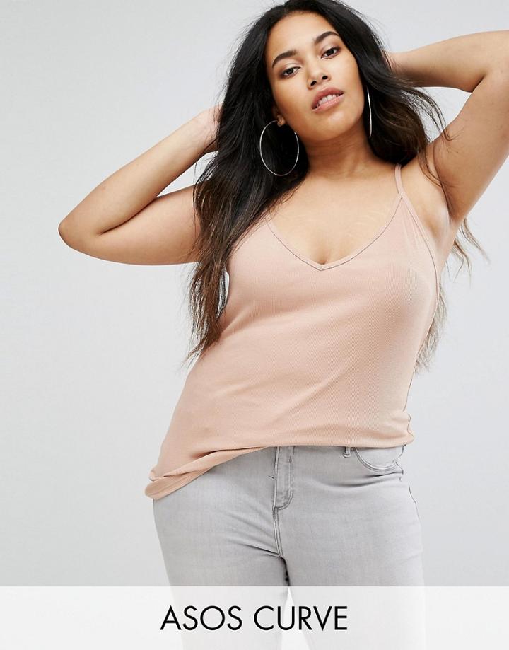 Asos Curve Cami With Skinny Straps In Rib - Pink