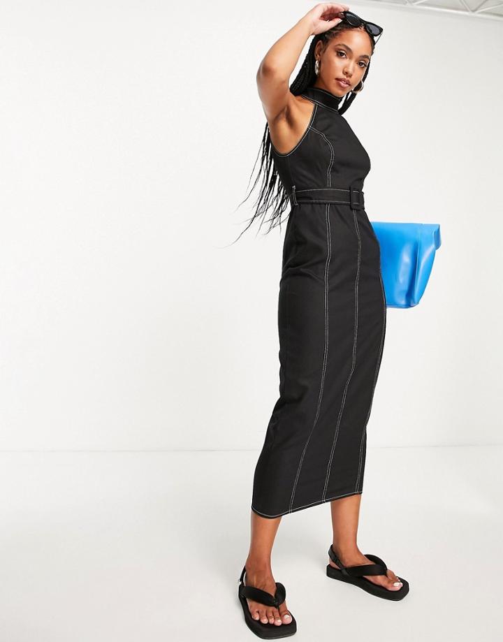 Asos Design Belted Halter Twill Midi Dress In Black With Contrast Detail